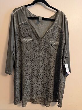 Catherines Olive Green V-Neck Tunic with Lace Detail